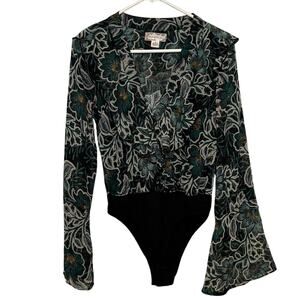 band of the free Women’s Floral Long Sleeve Sheer Bodysuit Green Black Size M